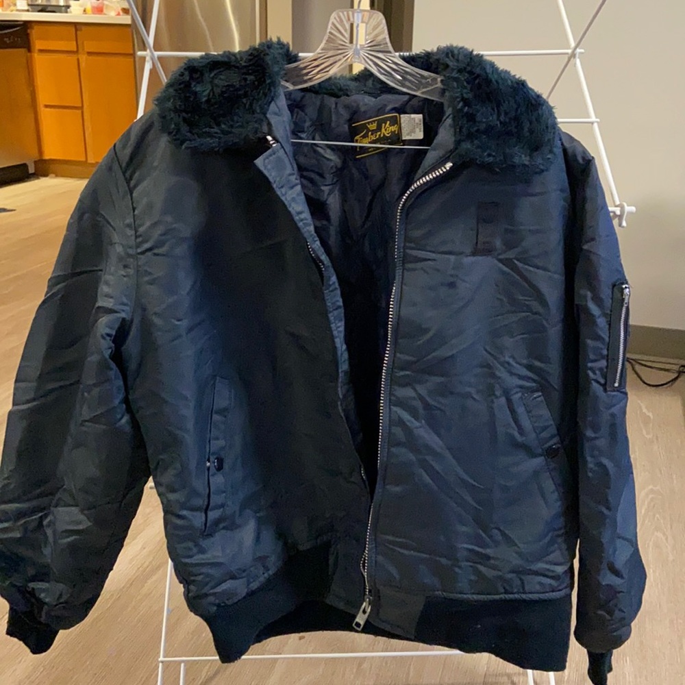 Timber King faux fur collar bomber jacket—size M